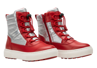 A pair of red and silver winter boots for children, with laces and zippers