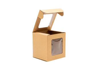 A brown cardboard box with a transparent window on the lid and side