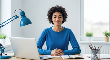 Woman meditating at desk in bright home office