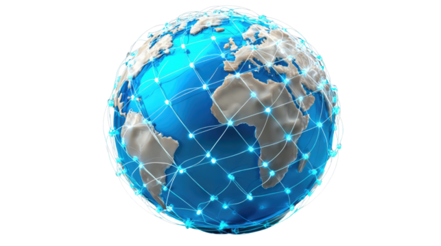 Global Connectivity: A representation of the Earth is overlaid with a network of illuminated connections, symbolizing the vast web of global digital communication and interconnectedness. - Powered by Adobe