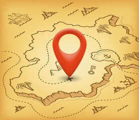 Old treasure island map with location marker. Vector illustration.
