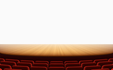 Cinema stage with seats for spectators and a white screen. Vector illustration