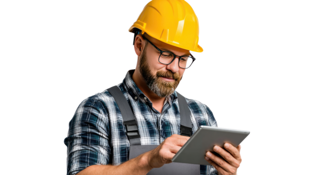 Construction Worker Utilizing Digital Tablet: A focused construction worker, equipped with a safety helmet, engages with a digital tablet.