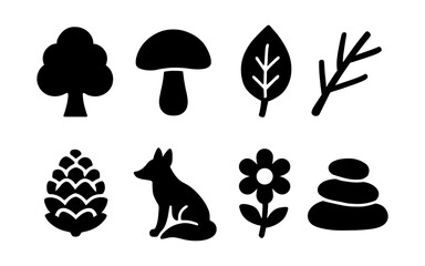 Nature silhouette set: tree, mushroom, leaf, branch, pinecone, fox, flower, stones
