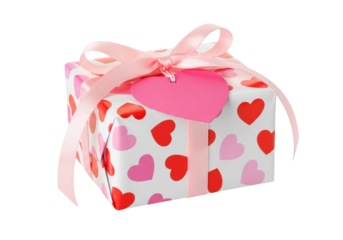 Gift box wrapped in paper with hearts and tied with a pink ribbon