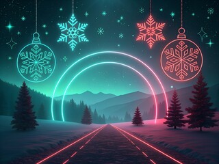 Neon Christmas Dreamscape: A captivating holiday scene with glowing neon ornaments, snowflakes and a snow-covered road leads to distant mountains, under a starlit night sky. 