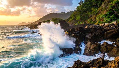 Dramatic Ocean Waves Crashing on Rocky Shoreline at Sunset.