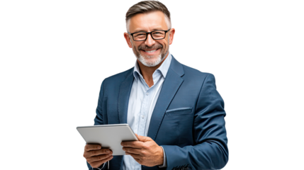 Smiling professional holding Tablet: A seasoned professional, radiating confidence, beams with a warm smile while skillfully managing a digital tablet.