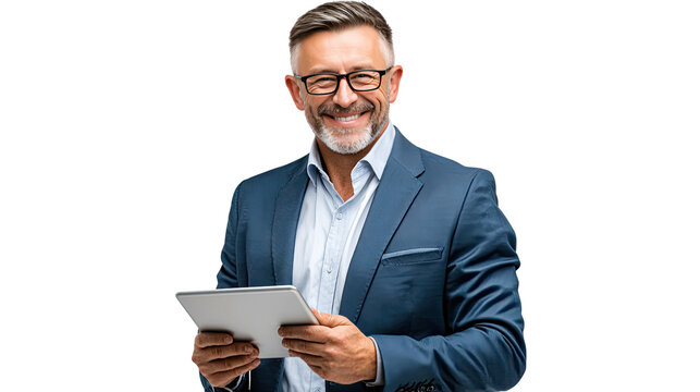 Smiling professional holding Tablet: A seasoned professional, radiating confidence, beams with a warm smile while skillfully managing a digital tablet.