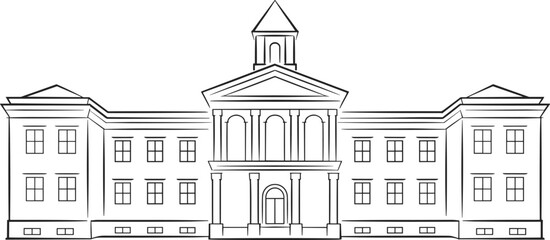 Classical government building line illustration with columns, pediment, cupola, symmetrical wings, and arched entrance in black vector style