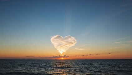 Ocean landscape with low sun and heart shaped cloud