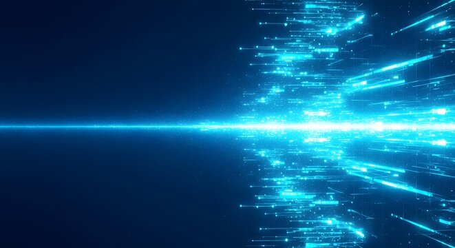 Illustration of abstract glowing blue digital data streams moving rapidly through a dark futuristic network, representing technology and information transfer