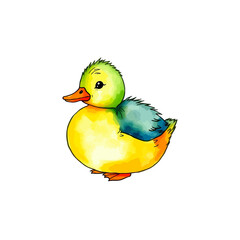 Adorable fluffy duckling with vibrant yellow body and green head, perfect for children's books, spring themes, and cute illustrations