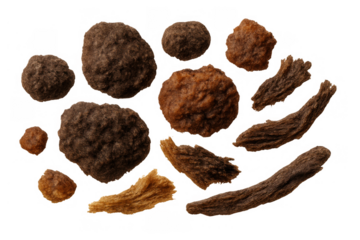 Varying shapes and textures of dog kibble with dried meat treats on transparent background