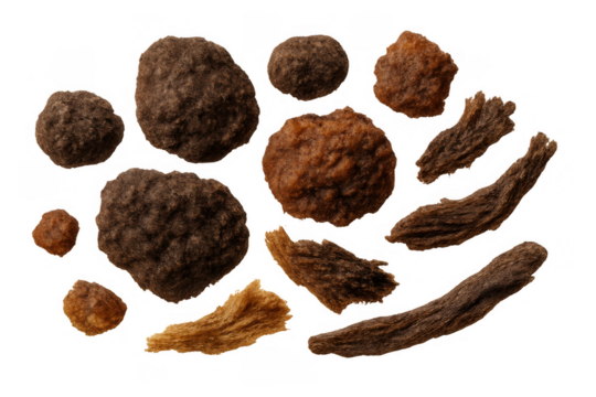 Varying shapes and textures of dog kibble with dried meat treats on transparent background