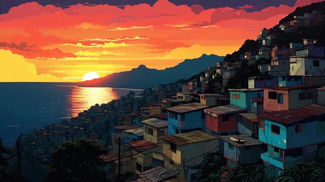 colorful favela cityscape with colorful houses illustrated animation