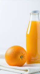 Orange fruit and juice stand on white surface
