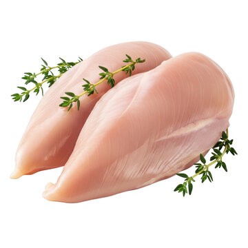 Two raw chicken breasts garnished with fresh thyme sprigs, , ready to be cooked into a delicious and healthy meal