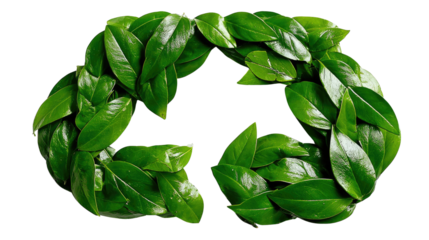 Eco-Friendly Recycling Symbol: A vibrant eco-friendly recycling symbol crafted from fresh, green leaves against a soft background, representing sustainability and environmental consciousness.