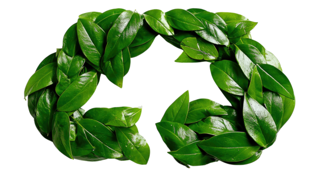 Eco-Friendly Recycling Symbol: A vibrant eco-friendly recycling symbol crafted from fresh, green leaves against a soft background, representing sustainability and environmental consciousness.