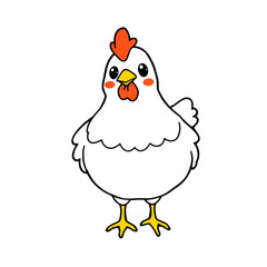 Charming cartoon black chicken with vibrant orange comb and yellow beak, standing on bright yellow feet, perfect for playful designs and children's content.