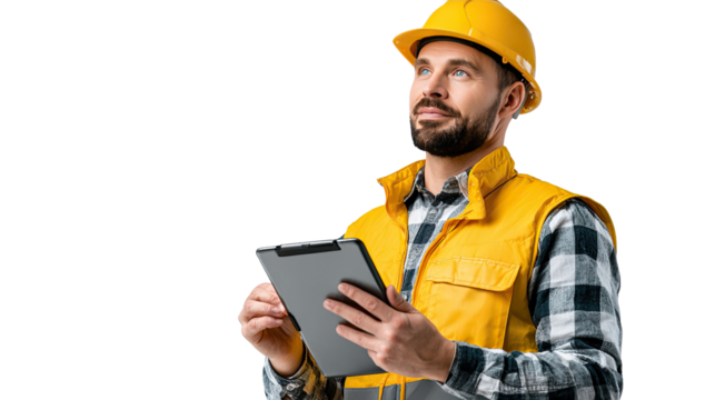 The Architect's Vision: An architect or engineer gazes thoughtfully, holding a tablet, embodying a vision of construction, expertise, and determination.