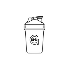 Line art icon of a gym protein shaker bottle with a flip-top lid and a G dumbbell logo.