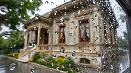 Raindrops obscure an ornate building and landscape. Weathered beauty is seen through a raindrop-covered window. Close up of water droplets.