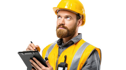 Focused Reflection: A construction worker, clad in safety gear, thoughtfully surveys his clipboard, reflecting on the project at hand. A symbol of preparedness and attention to detail.