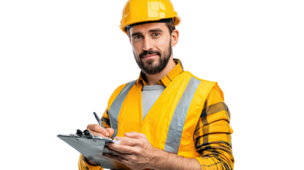 Focused Professional: An industrious worker, donned in a construction uniform, meticulously documents on a clipboard, signifying dedication to quality and professionalism.