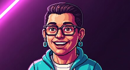 Vibrant Pixel Art Portrait of a Smiling Man with Glasses in a Blue Hoodie against a Purple.