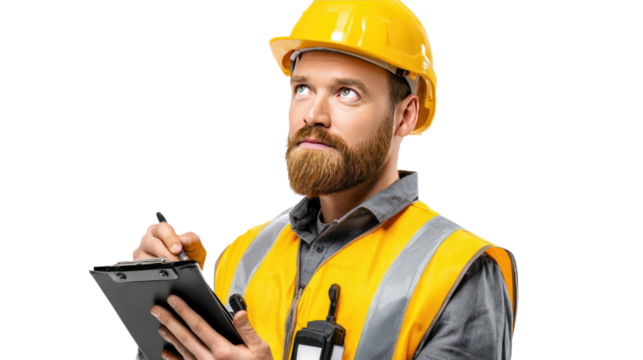 Focused Reflection: A construction worker, clad in safety gear, thoughtfully surveys his clipboard, reflecting on the project at hand. A symbol of preparedness and attention to detail.