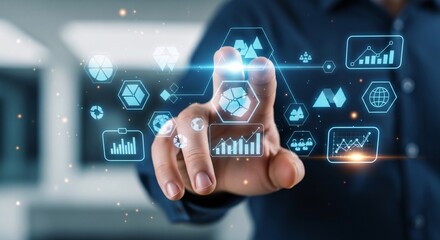 Hand Touching Futuristic Blue Data Icons, Tech Interface Concept