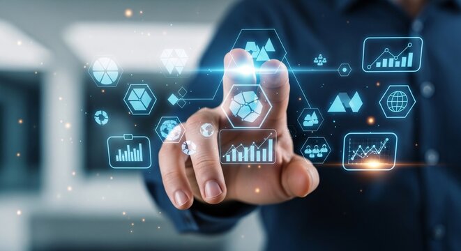 Hand Touching Futuristic Blue Data Icons, Tech Interface Concept