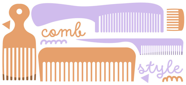 vector set of pink and orange hair combs and afro picks isolated on transparent background 