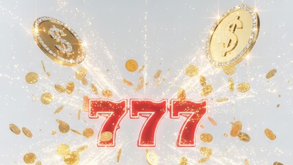 Shiny red 777 jackpot  with exploding gold coins and sparks for online casino banner or promo header