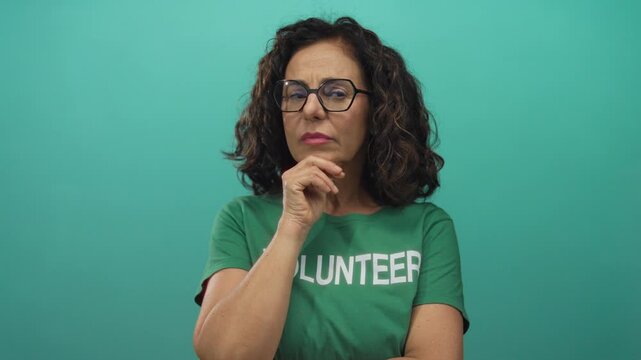 Woman volunteer in green shirt with thoughtful expression against isolated green background wall reflects contemplation and purpose.