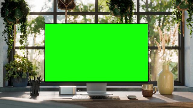 Computer monitor green screen looped mockup static front view on desk with moving trees in background &ndash; cozy home office workspace.. Luma matte included
