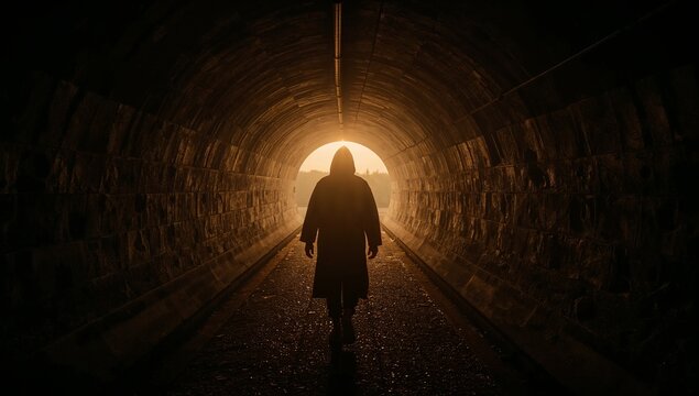 Hooded figure walking through a tunnel toward a golden light