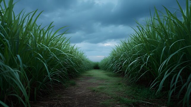 A solitary dirt path winds through a dense green field of tall crops under a dramatic overcast twilight sky - Powered by Adobe