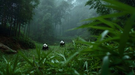 Two giant pandas traverse a misty verdant bamboo forest surrounded by dense foliage and atmospheric fog showcasing natural wildlife