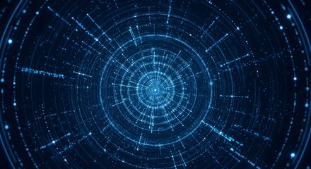 Illustration of abstract futuristic digital tunnel with glowing blue particles and lines, representing data flow and technology
