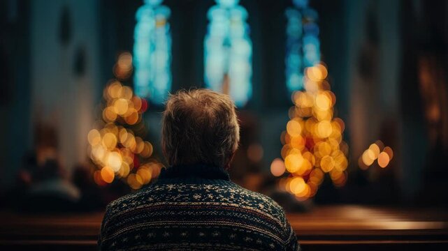 lonely senior man sitting on a bench in the church animation