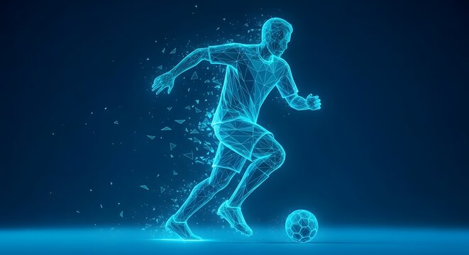 Illustration of futuristic digital soccer player made of glowing blue particles dribbling a soccer ball on a dark blue background, representing technology and sport