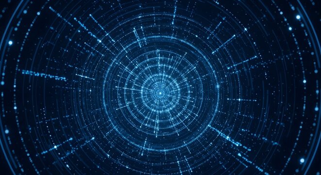 Illustration of abstract futuristic digital tunnel with glowing blue particles and lines, representing data flow and technology - Powered by Adobe