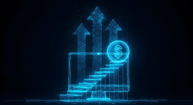 Illustration of digital glowing blue staircase with upward arrows and dollar sign, symbolizing financial growth and success in a dark background