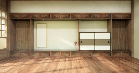 Concept Empty room and wood floor with shelf wall background 3D illustration rendering