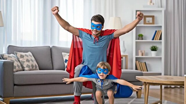 A father and son dressed as superheros playing at home for the concept of fun. - Powered by Adobe