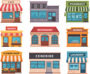 Storefront illustration grid with café, bakery, restaurant, pharmacy, flower shop, bookstore, barber, laundry, and commercial variety