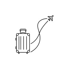 Minimalist black line art illustration of a wheeled travel suitcase and a small airplane with a curved flight path.